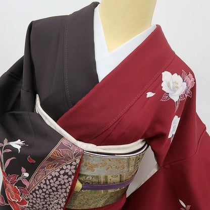 六花-RIKKA- 美品未着用 正絹 金駒刺繡 牡丹 百合 椿 桜 ルビー色に咲く、艶やか花絵巻♪ 訪問着 着物 A6125