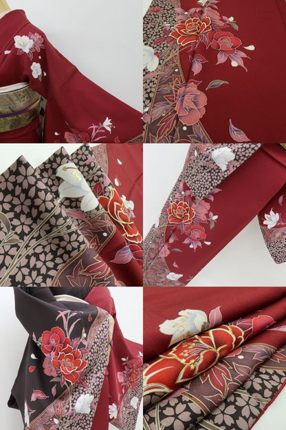 六花-RIKKA- 美品未着用 正絹 金駒刺繡 牡丹 百合 椿 桜 ルビー色に咲く、艶やか花絵巻♪ 訪問着 着物 A6125