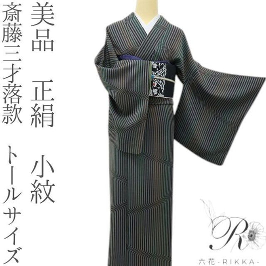 六花-RIKKA- 美品 正絹 斎藤三才落款 トールサイズ 揺れる縞に、モダンな恋♪ 小紋 着物 A6127