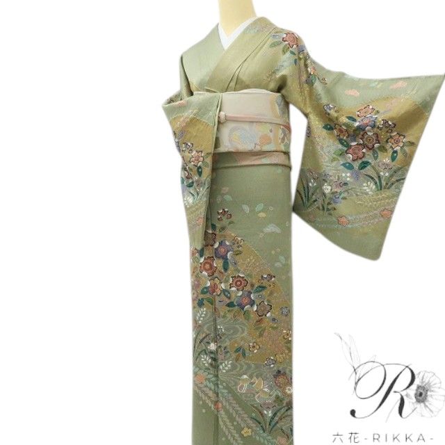 六花-RIKKA- 美品 正絹 絞り 箔散らし 四季の草花と鴛鴦の贅沢なおもてなし♪ トールサイズ 訪問着 着物 A6130