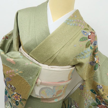 六花-RIKKA- 美品 正絹 絞り 箔散らし 四季の草花と鴛鴦の贅沢なおもてなし♪ トールサイズ 訪問着 着物 A6130