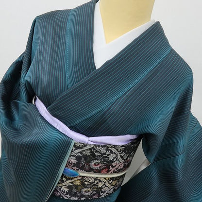 六花-RIKKA- 美品 正絹 作家物落款 縦縞 粋が際立つ！大人のブラック×神秘ストライプ☆ 小紋 着物 A6134
