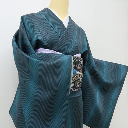 六花-RIKKA- 美品 正絹 作家物落款 縦縞 粋が際立つ！大人のブラック×神秘ストライプ☆ 小紋 着物 A6134