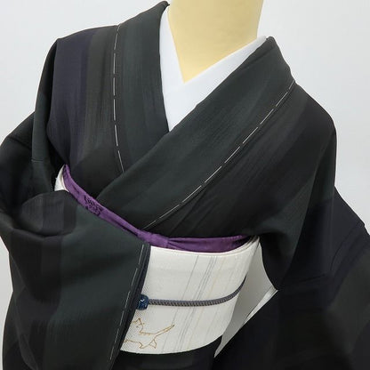 六花-RIKKA- 美品未着用 正絹 縦縞 暈し 仕付け糸付 黒×革色の大人モダン♪ トールサイズ 小紋 着物 A6140