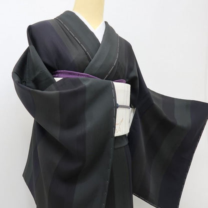 六花-RIKKA- 美品未着用 正絹 縦縞 暈し 仕付け糸付 黒×革色の大人モダン♪ トールサイズ 小紋 着物 A6140