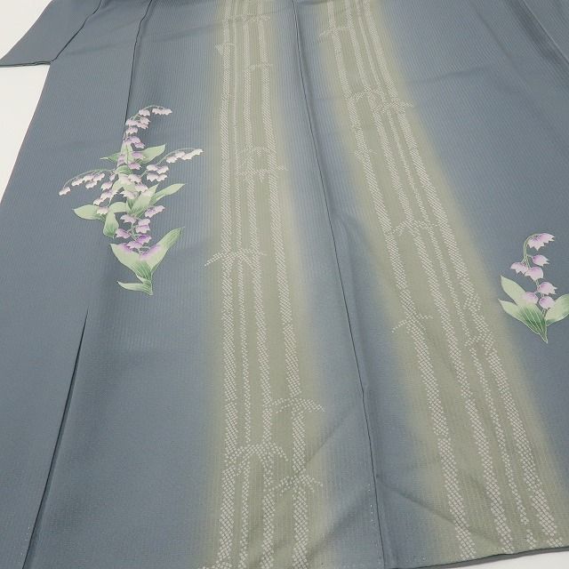 六花-RIKKA- 美品未着用 正絹 トールサイズ 縦縞×竹縞×モダンなスズラン☆ドラマチックな藍鼠色！ 訪問着 着物 A6143