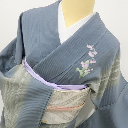 六花-RIKKA- 美品未着用 正絹 トールサイズ 縦縞×竹縞×モダンなスズラン☆ドラマチックな藍鼠色！ 訪問着 着物 A6143