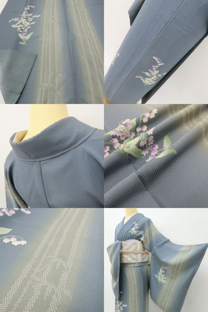 六花-RIKKA- 美品未着用 正絹 トールサイズ 縦縞×竹縞×モダンなスズラン☆ドラマチックな藍鼠色！ 訪問着 着物 A6143