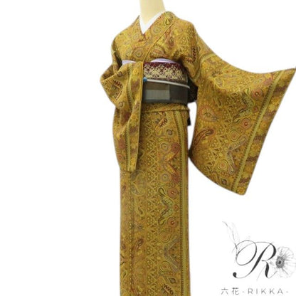 美品 正絹 トールサイズ 小紋・洒落袋帯 ひと目で、お洒落！ペイズリー更紗☆ ２点セット 着物 A6146