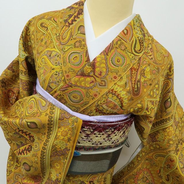 美品 正絹 トールサイズ 小紋・洒落袋帯 ひと目で、お洒落！ペイズリー更紗☆ ２点セット 着物 A6146