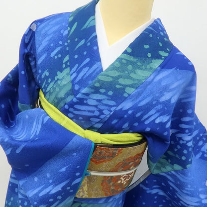 六花-RIKKA- 美品 正絹 (株)一蔵謹製 希少トールサイズ 光と水が駆けめぐる、ウルトラマリンブルーの奇跡☆ 小紋 着物 A6148