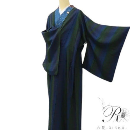 六花-RIKKA- 美品 正絹 染色作家 寺島利男 (株)一蔵謹製 縦暈し ボトルグリーン×ネービーブルーの粋！ ロング丈 道中着 着物 A6150
