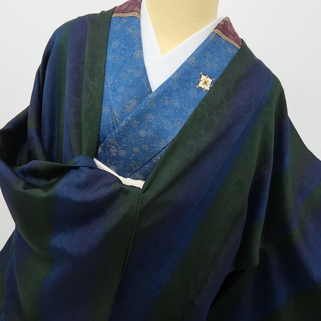 六花-RIKKA- 美品 正絹 染色作家 寺島利男 (株)一蔵謹製 縦暈し ボトルグリーン×ネービーブルーの粋！ ロング丈 道中着 着物 A6150