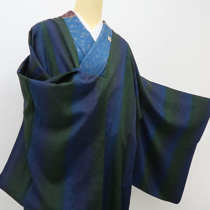 六花-RIKKA- 美品 正絹 染色作家 寺島利男 (株)一蔵謹製 縦暈し ボトルグリーン×ネービーブルーの粋！ ロング丈 道中着 着物 A6150