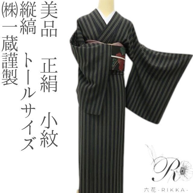 六花-RIKKA- 美品 正絹 (株)一蔵謹製 縦縞 トールサイズ 渋カッコいい縦縞に、ボタニカルな隠し味♪ 小紋 着物 A6152