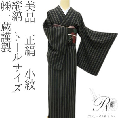六花-RIKKA- 美品 正絹 (株)一蔵謹製 縦縞 トールサイズ 渋カッコいい縦縞に、ボタニカルな隠し味♪ 小紋 着物 A6152
