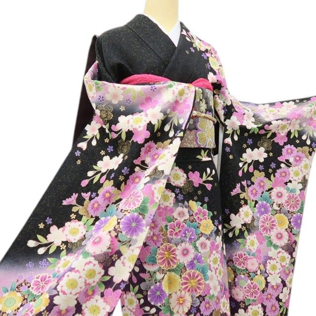 六花-RIKKA- 正絹 金通し 金駒刺繡 トールサイズ ブラックに咲き誇る、ハレの日の華やぎ☆ 振袖・袋帯 ２点セット 着物 A6157