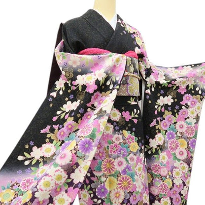 六花-RIKKA- 正絹 金通し 金駒刺繡 トールサイズ ブラックに咲き誇る、ハレの日の華やぎ☆ 振袖・袋帯 ２点セット 着物 A6157