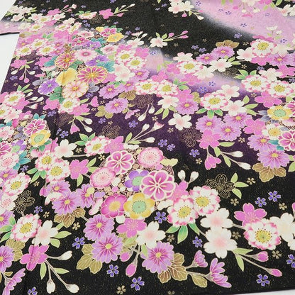六花-RIKKA- 正絹 金通し 金駒刺繡 トールサイズ ブラックに咲き誇る、ハレの日の華やぎ☆ 振袖・袋帯 ２点セット 着物 A6157