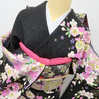 六花-RIKKA- 正絹 金通し 金駒刺繡 トールサイズ ブラックに咲き誇る、ハレの日の華やぎ☆ 振袖・袋帯 ２点セット 着物 A6157