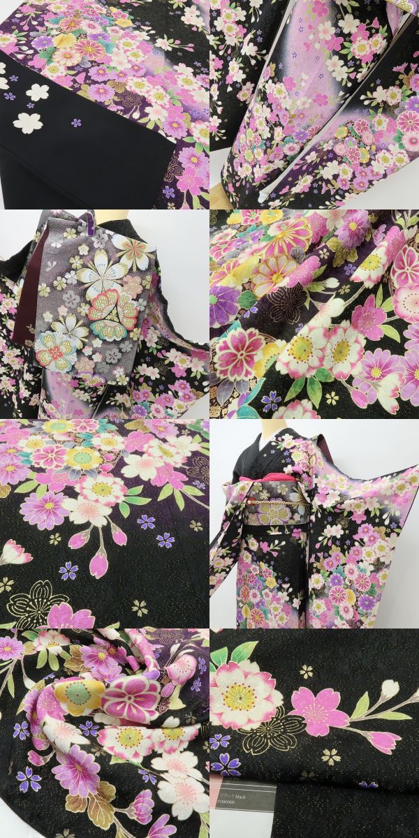 六花-RIKKA- 正絹 金通し 金駒刺繡 トールサイズ ブラックに咲き誇る、ハレの日の華やぎ☆ 振袖・袋帯 ２点セット 着物 A6157