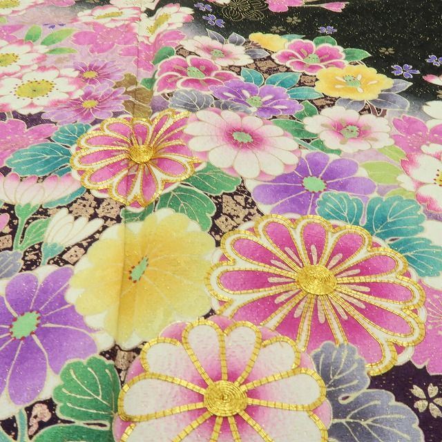 六花-RIKKA- 正絹 金通し 金駒刺繡 トールサイズ ブラックに咲き誇る、ハレの日の華やぎ☆ 振袖・袋帯 ２点セット 着物 A6157