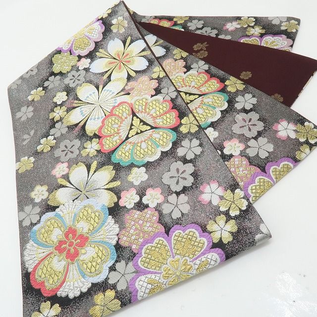 六花-RIKKA- 正絹 金通し 金駒刺繡 トールサイズ ブラックに咲き誇る、ハレの日の華やぎ☆ 振袖・袋帯 ２点セット 着物 A6157