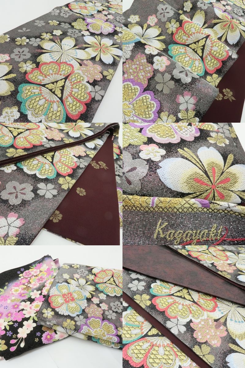 六花-RIKKA- 正絹 金通し 金駒刺繡 トールサイズ ブラックに咲き誇る、ハレの日の華やぎ☆ 振袖・袋帯 ２点セット 着物 A6157