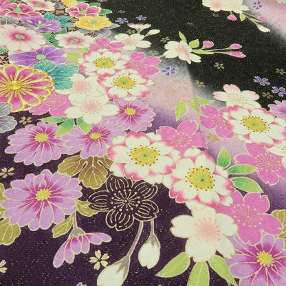 六花-RIKKA- 正絹 金通し 金駒刺繡 トールサイズ ブラックに咲き誇る、ハレの日の華やぎ☆ 振袖・袋帯 ２点セット 着物 A6157