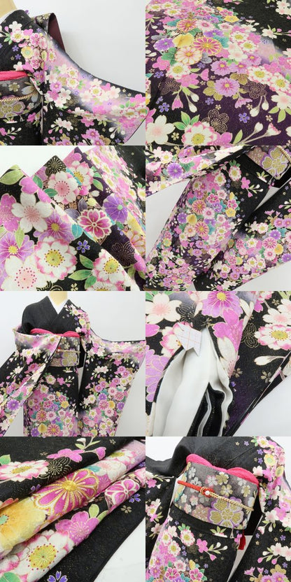 六花-RIKKA- 正絹 金通し 金駒刺繡 トールサイズ ブラックに咲き誇る、ハレの日の華やぎ☆ 振袖・袋帯 ２点セット 着物 A6157