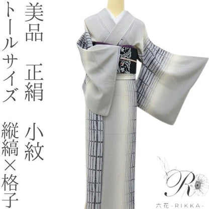 六花-RIKKA- 美品 正絹 トールサイズ 縦縞×格子のやさしいおもてなし♪ 小紋 着物 A6190
