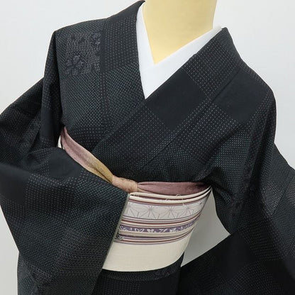 六花-RIKKA- 美品 正絹 証紙付 トールサイズ おしゃれ市松に桜! 本場真綿結城紬 着物 A6196
