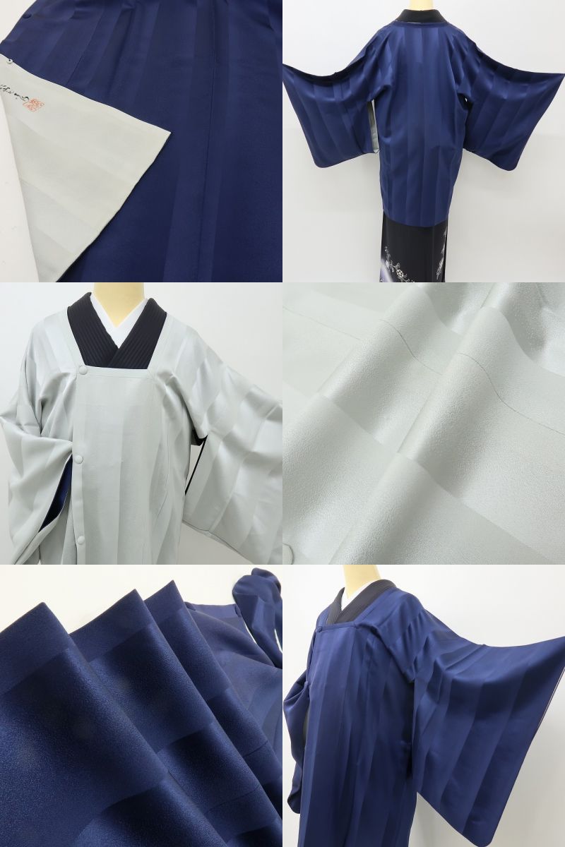 六花-RIKKA- 美品 正絹 秋山庄太郎落款 リバーシブル ネービーブルー×パールグレイのあなたを、パパラッチ！ 道行コート 着物 A6202