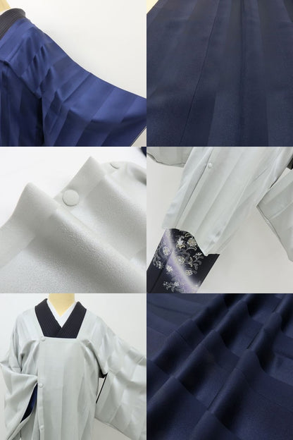 六花-RIKKA- 美品 正絹 秋山庄太郎落款 リバーシブル ネービーブルー×パールグレイのあなたを、パパラッチ！ 道行コート 着物 A6202