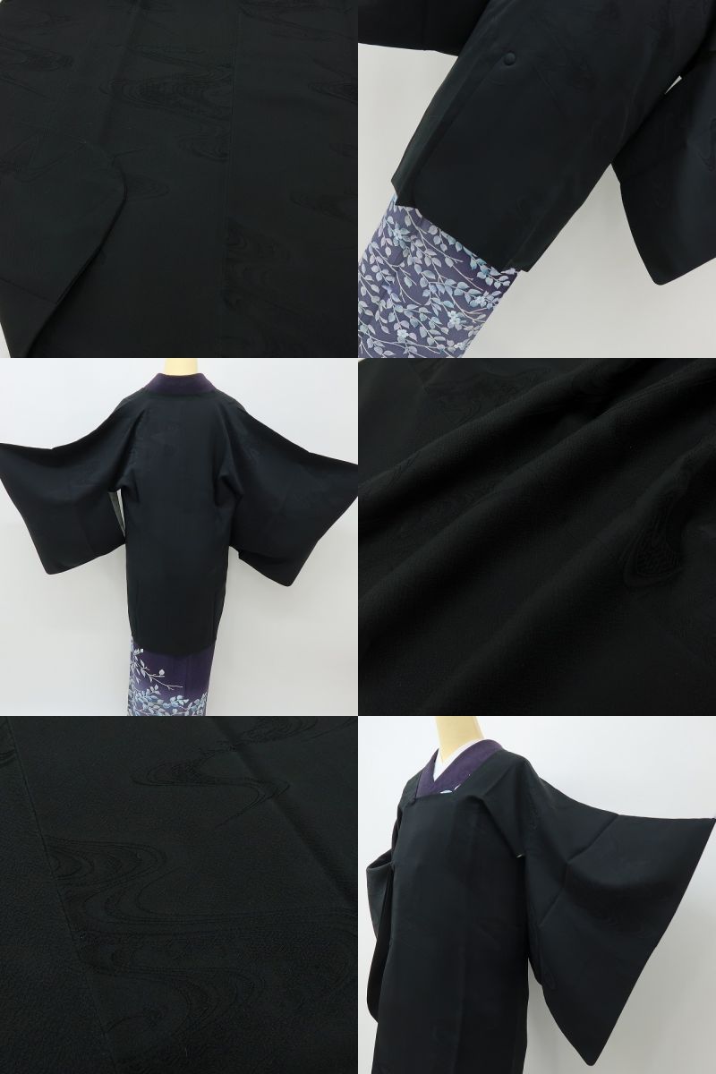 六花-RIKKA- 美品 正絹 無敵のコーディネート力！ブラック×流水☆ 道中着 着物 A6214