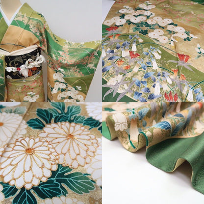 【中古】まめ藤 ｍ1919 正絹 金駒刺繍 菊 梅 トールサイズ 成人式 手縫い仕立て 振袖単品