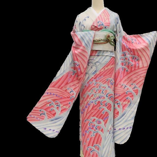 【中古】まめ藤 ｍ1931 正絹 梅 波柄 着物 成人式 手縫い仕立て 振袖単品
