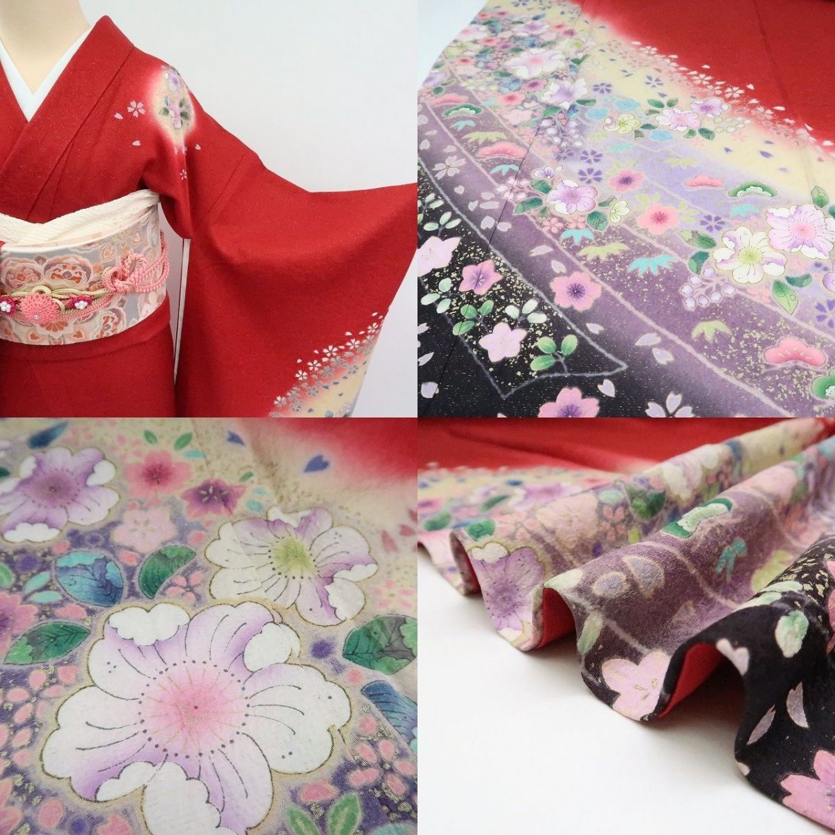 まめ藤 ｍ1974＊美品 正絹 金通し 辻が花 桜 トールサイズ 振袖・襦袢2点セット