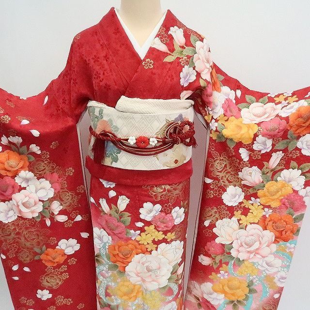 まめ藤 ｍ2029＊美品 正絹 刺繍 トールサイズ 薔薇 芍薬 桜 振袖・襦袢2点セット