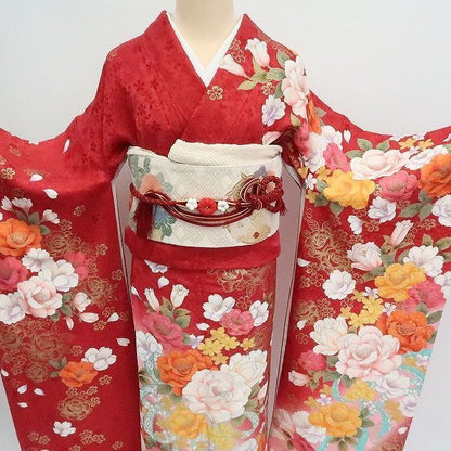 まめ藤 ｍ2029＊美品 正絹 刺繍 トールサイズ 薔薇 芍薬 桜 振袖・襦袢2点セット