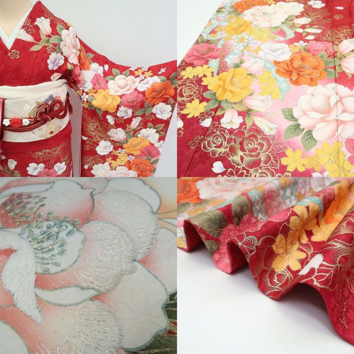 まめ藤 ｍ2029＊美品 正絹 刺繍 トールサイズ 薔薇 芍薬 桜 振袖・襦袢2点セット