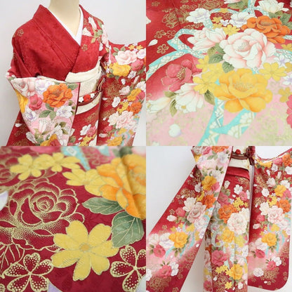 まめ藤 ｍ2029＊美品 正絹 刺繍 トールサイズ 薔薇 芍薬 桜 振袖・襦袢2点セット