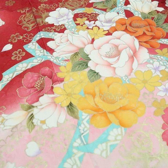 まめ藤 ｍ2029＊美品 正絹 刺繍 トールサイズ 薔薇 芍薬 桜 振袖・襦袢2点セット