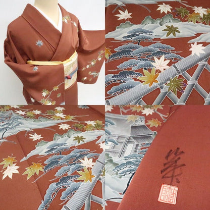 まめ藤 ｍ2187＊正絹 作家物落款 洒落紋 紅葉 松 手縫い仕立て 訪問着