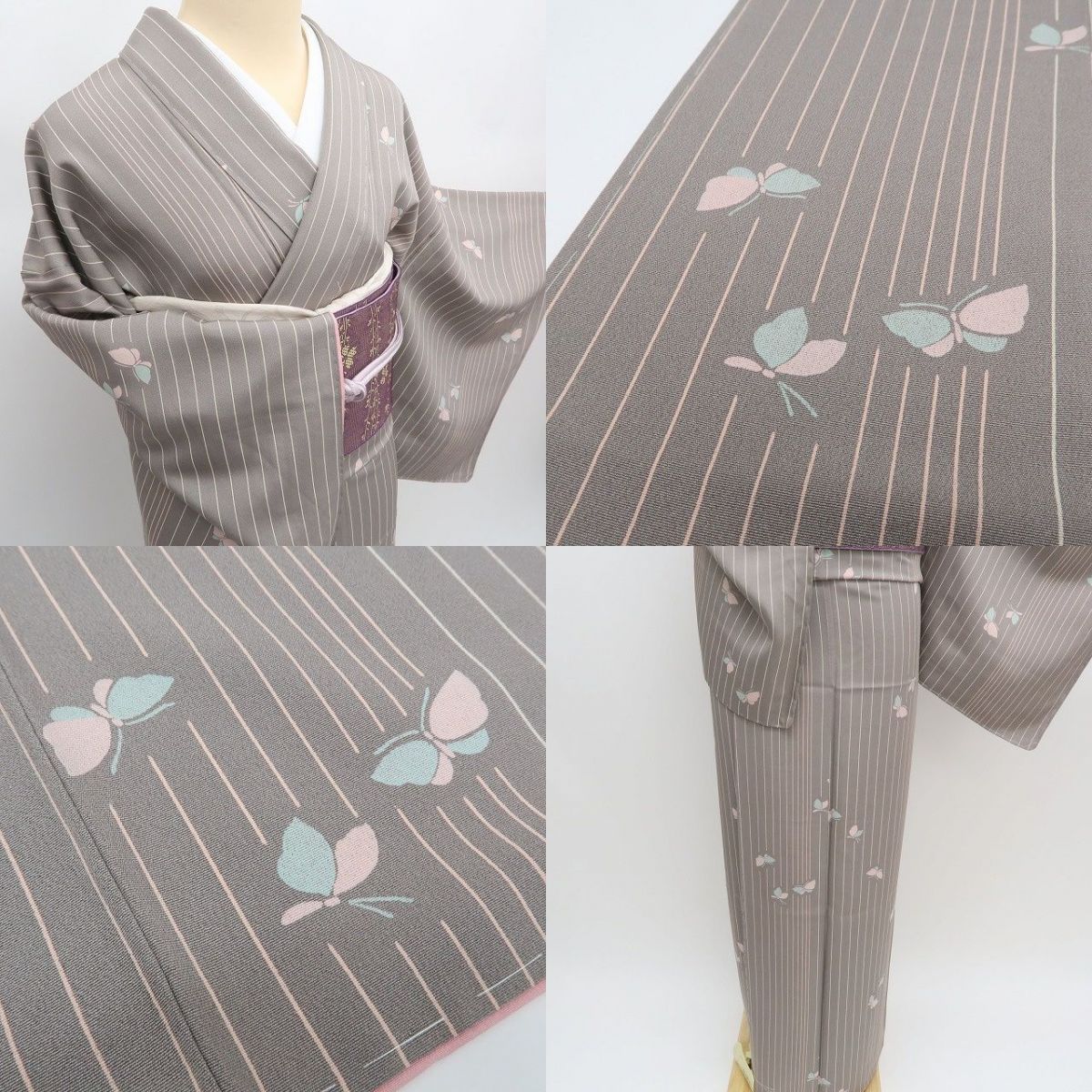 まめ藤 ｍ2306＊美品 正絹 仕付け糸付き 縦縞 蝶 トールサイズ 手縫い仕立て 小紋