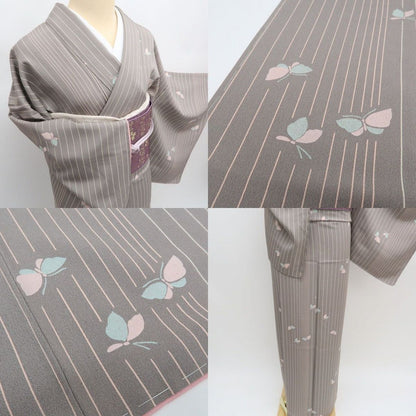 まめ藤 ｍ2306＊美品 正絹 仕付け糸付き 縦縞 蝶 トールサイズ 手縫い仕立て 小紋