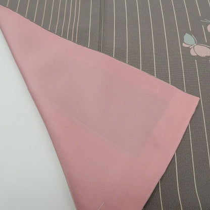 まめ藤 ｍ2306＊美品 正絹 仕付け糸付き 縦縞 蝶 トールサイズ 手縫い仕立て 小紋