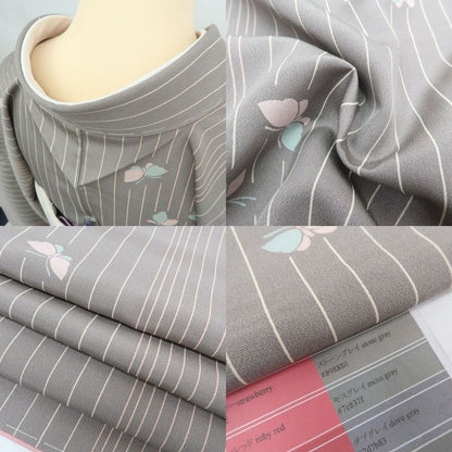 まめ藤 ｍ2306＊美品 正絹 仕付け糸付き 縦縞 蝶 トールサイズ 手縫い仕立て 小紋