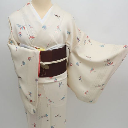 まめ藤 ｍ2307＊美品 正絹 麻の葉 カラフルな雀 手縫い仕立て 小紋