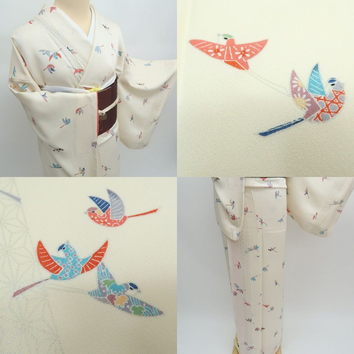 まめ藤 ｍ2307＊美品 正絹 麻の葉 カラフルな雀 手縫い仕立て 小紋